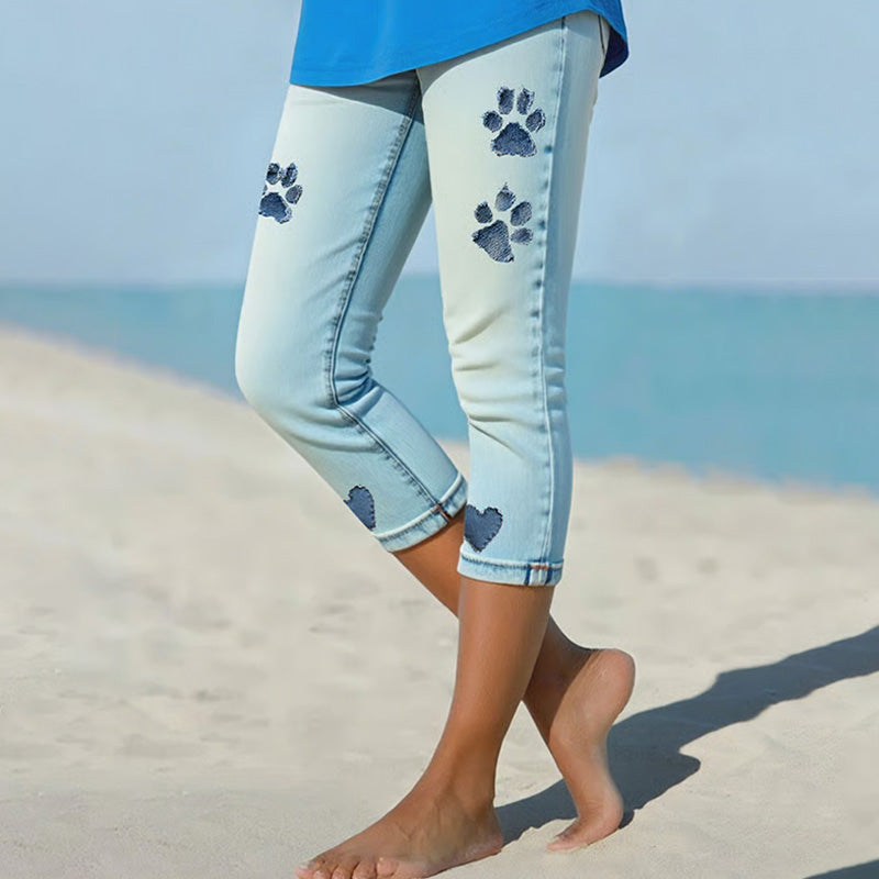 Comstylish Women's Cat Paw Print Faux Denim Cropped Leggings