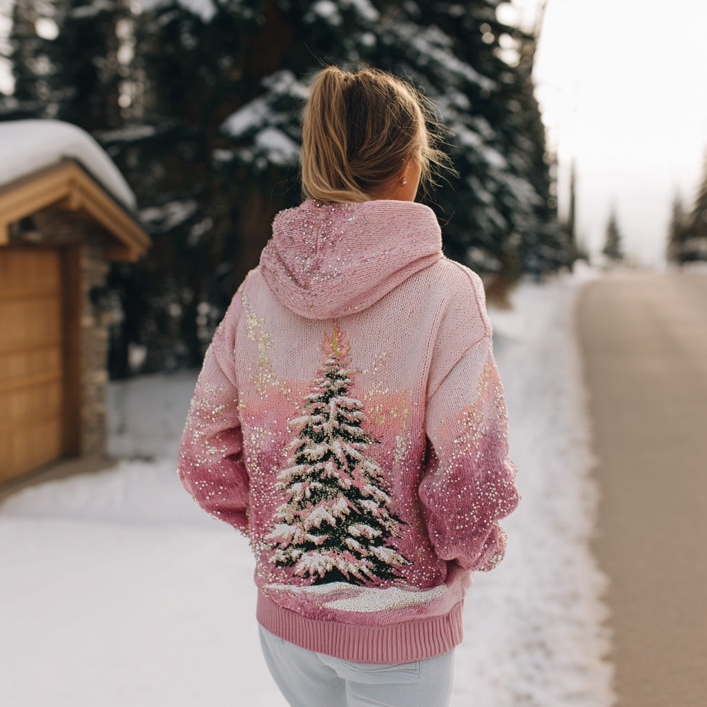 Vintage Christmas Tree Pattern Cozy Hooded Sweater artswardrobe