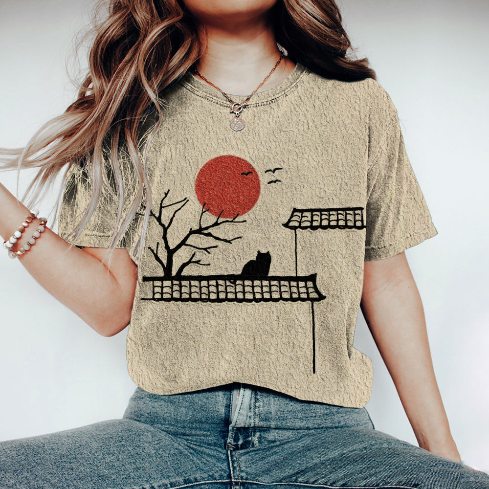 Comstylish Vintage Japanese Cat & Sunset Print Women's T-shirt