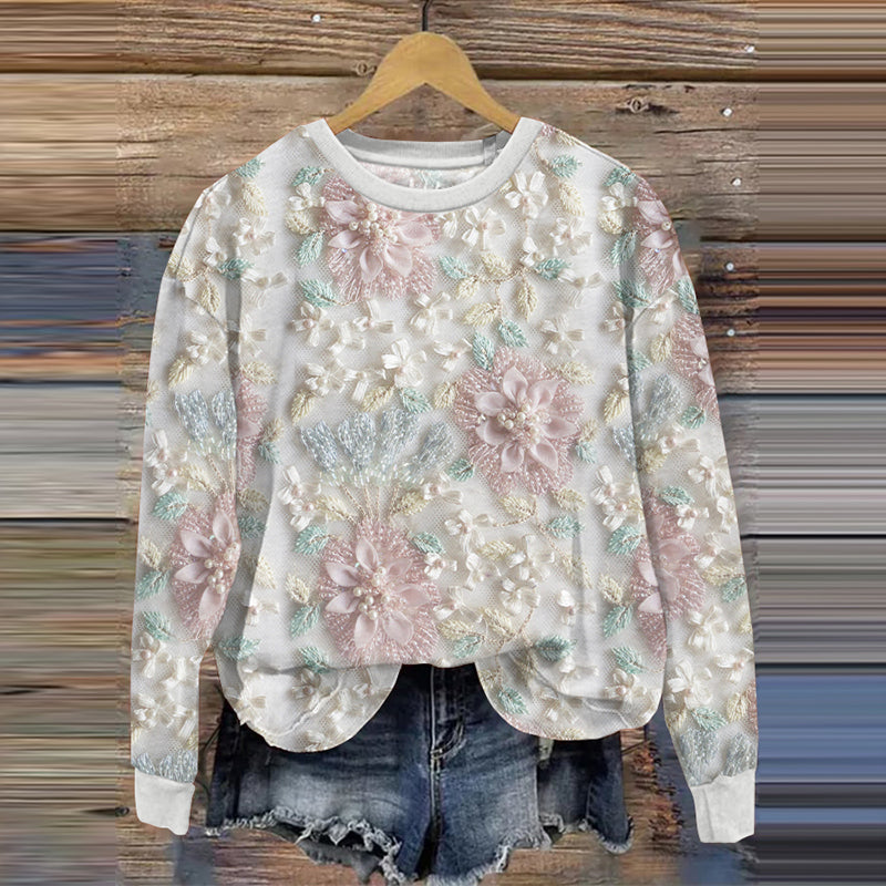 Comstylish Flower Art Print Crew Neck Sweatshirt