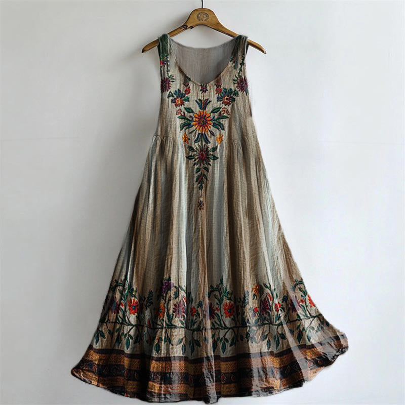 Women's Vintage Floral Pattern Art Print Round Neck Sleeveless Cotton