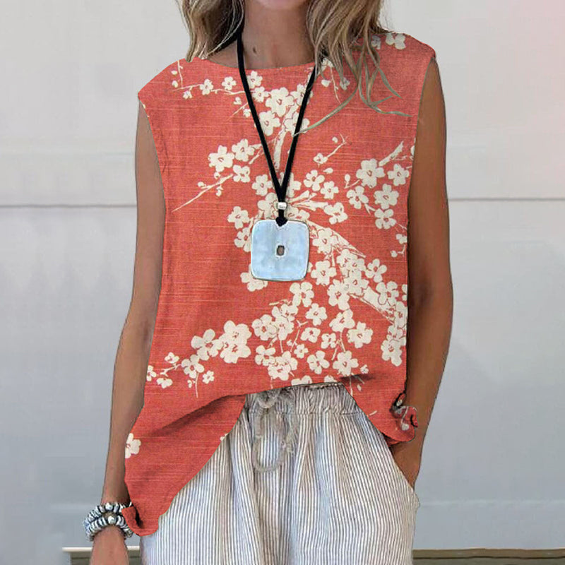 Comstylish Japanese Floral Art Printed Casual Sleeveless Top