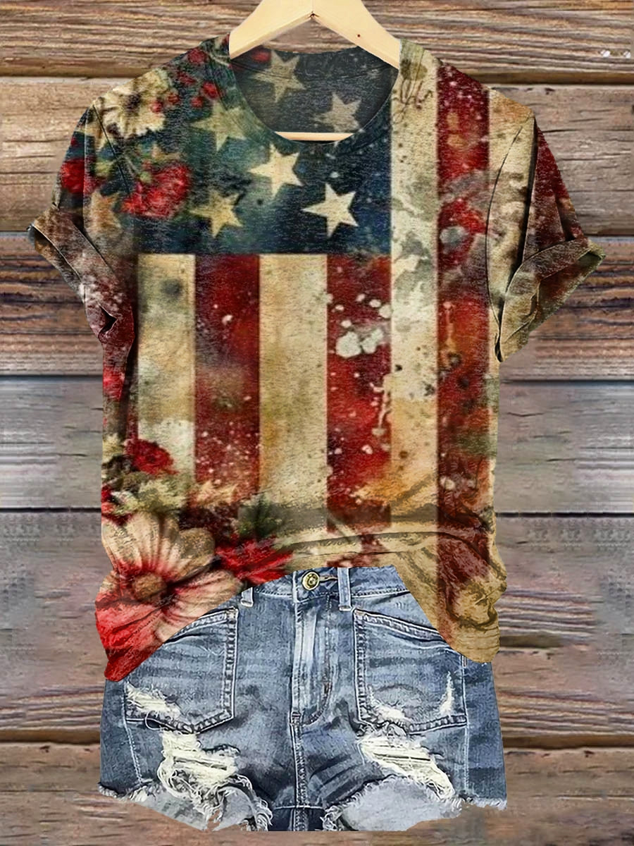 Women's Vintage Flag Floral Art Print Crew Neck T-shirt