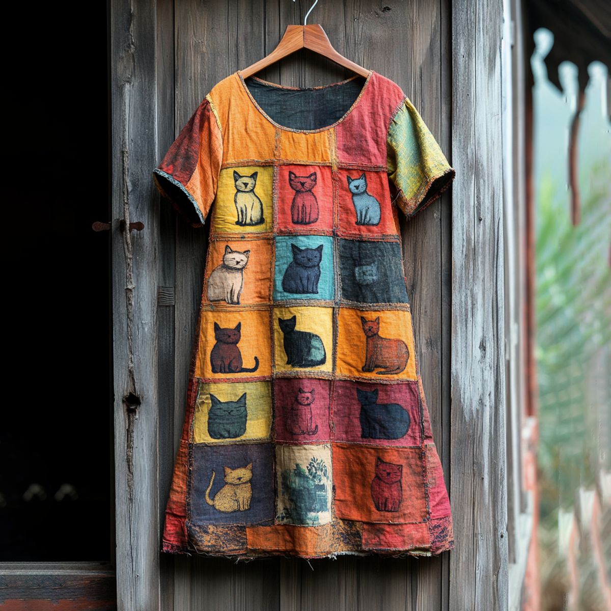 Comstylish Women's Pop Art Cat Patchwork Design Cotton Line Dress