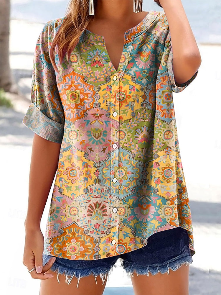 Women's Vintage Tattoo Pattern Art Print Cotton Linen Casual Shirt