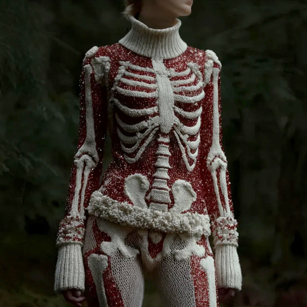 Halloween Skeleton Knitted Glitter Retro High Neck Sweater artswardrobe
