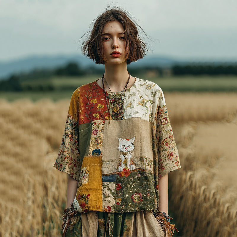 Vintage Japanese Cute Cat Floral Linen Patchwork T-shirt elevenforest