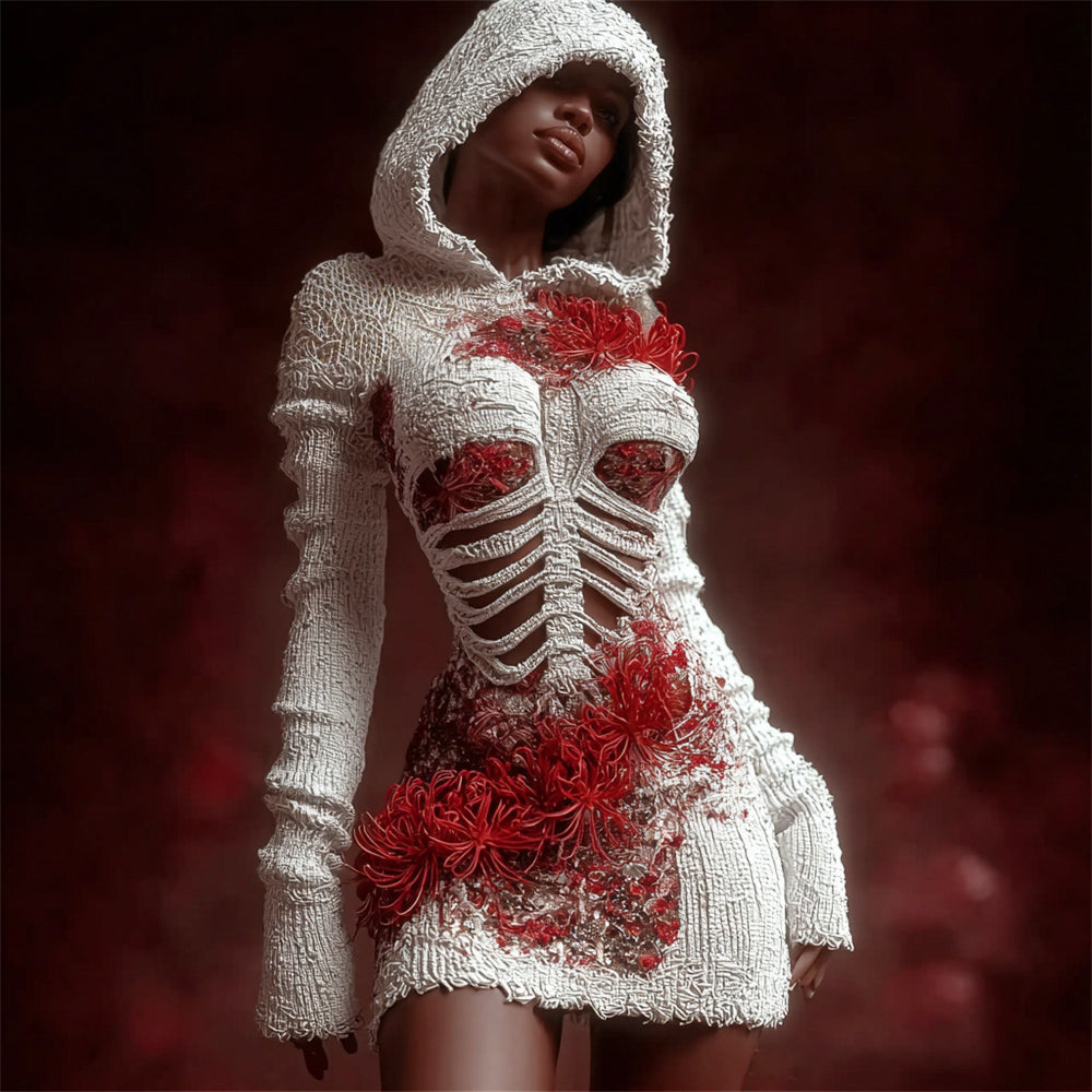 Halloween Bandage & Higanbana Flowers Art Women's Knit Hooded Mini Dress artswardrobe