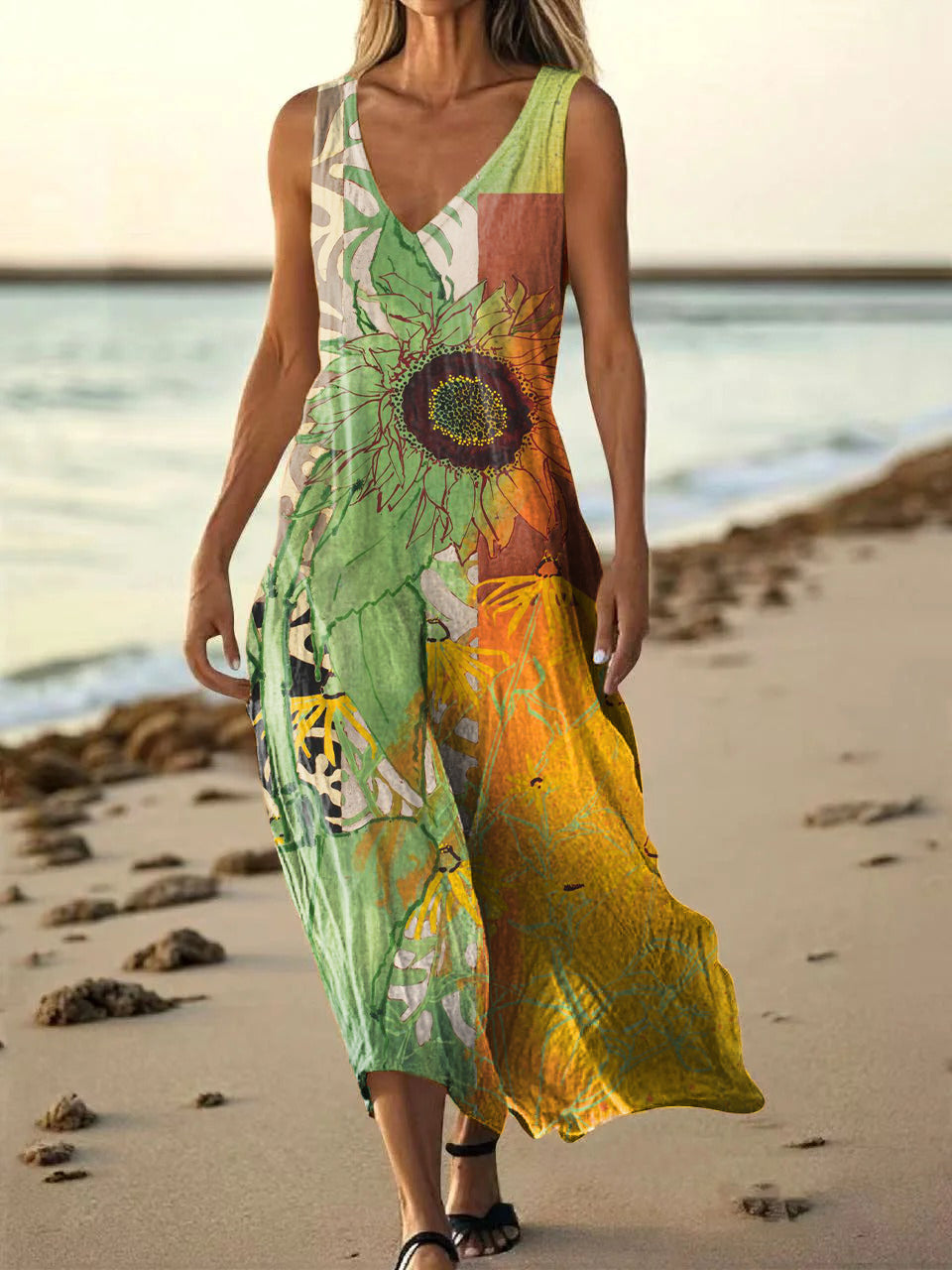 Women's Vintage Bohemian Sunfloral Art Print Pocket Cotton Dress