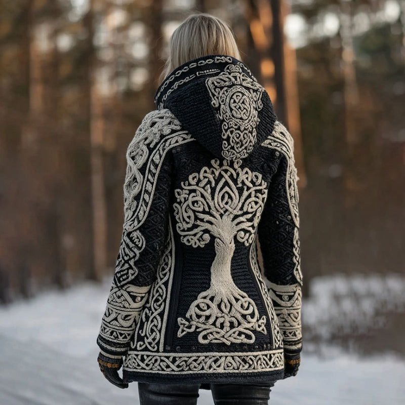 Women's Vintage Viking Tree Of Life Knit Jacquard Zip-up Hooded Sweater artswardrobe
