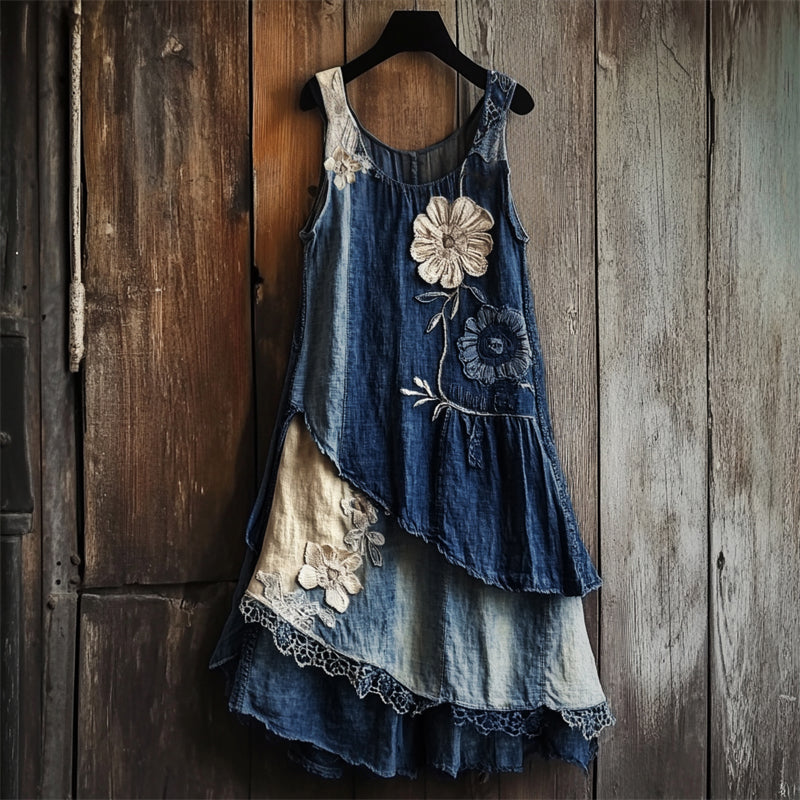 Flowers Denim Textile Lace Layered Tank Dress artswardrobe