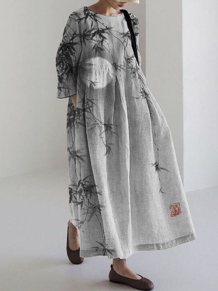Comstylish Bamboo Leaves Full Moon Japanese Watercolor Linen Blend Maxi Dress