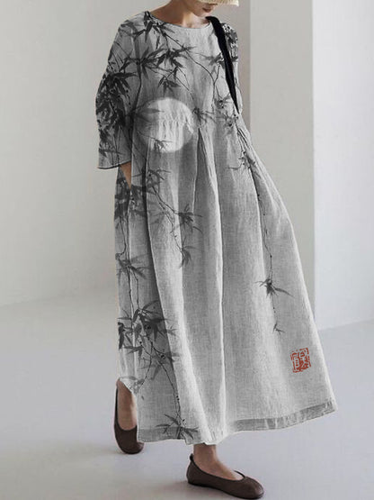 Comstylish Bamboo Leaves Full Moon Japanese Watercolor Linen Blend Maxi Dress