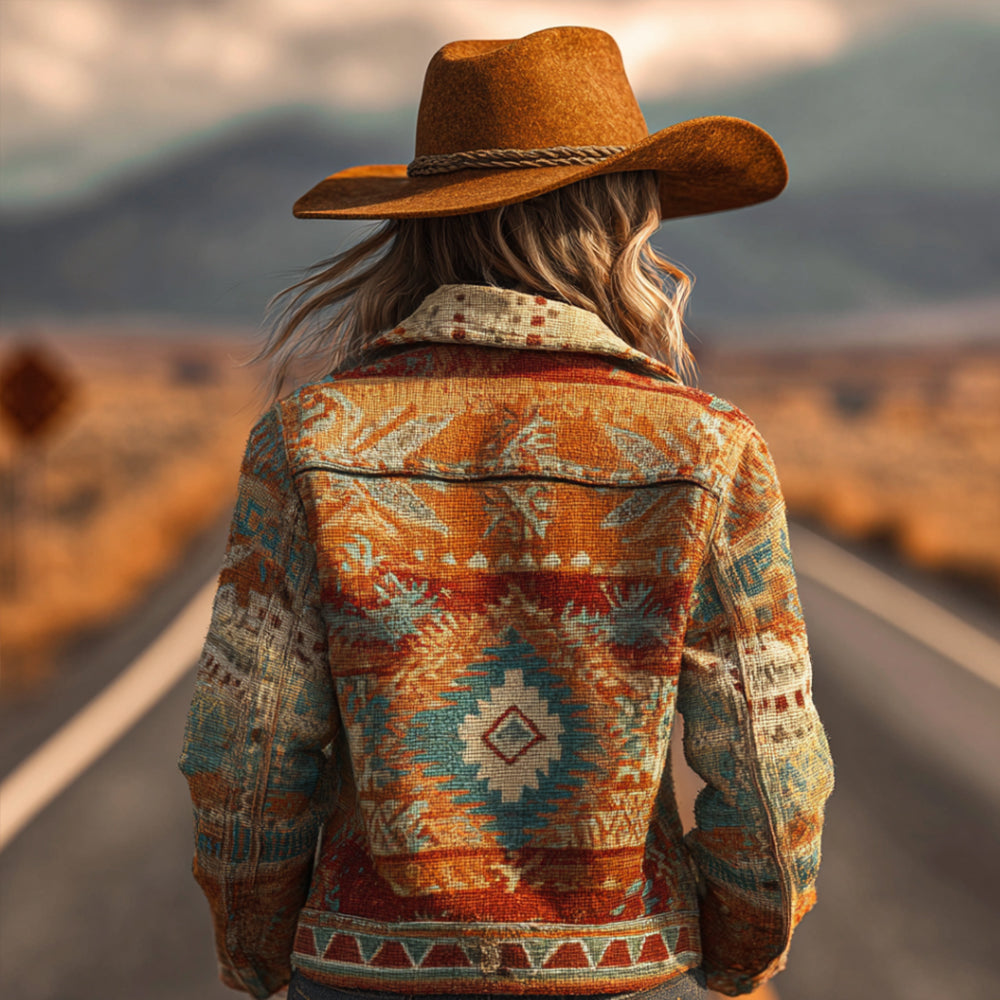 Bohemian Western Style Ethnic Floral Geometric Pattern Lapel Long-sleeved Jacket artswardrobe