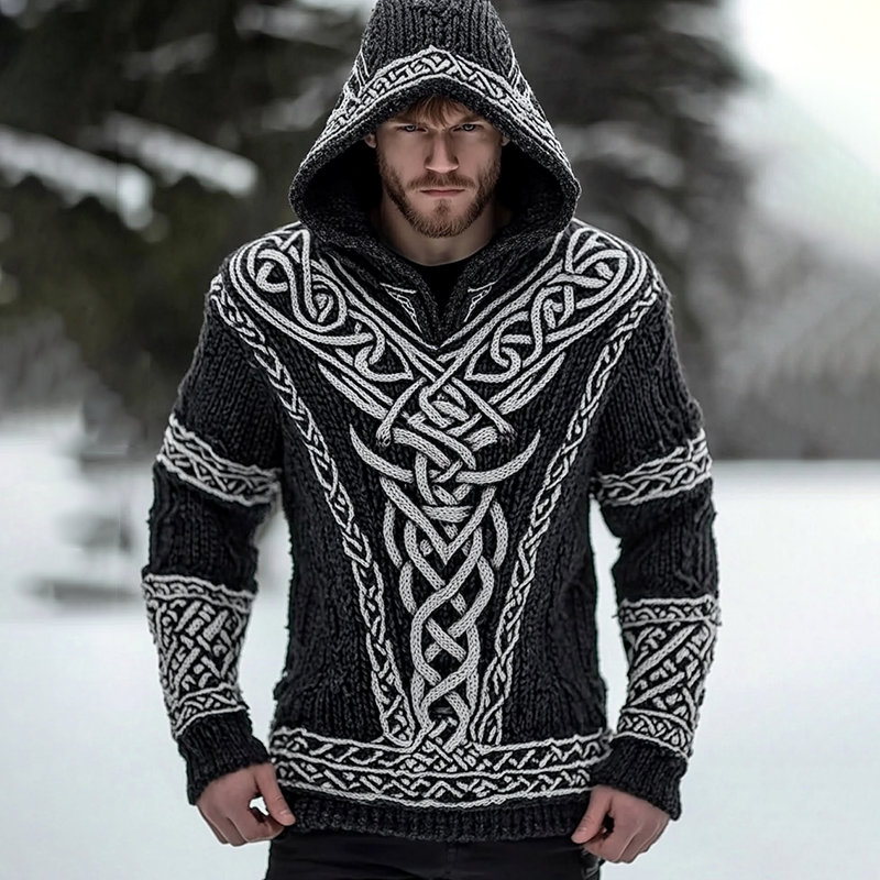 Men's Viking Pattern Art Knit Hooded Sweater artswardrobe