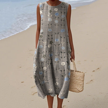 Women's Vintage Floral Art Linen Tank Dress artswardrobe