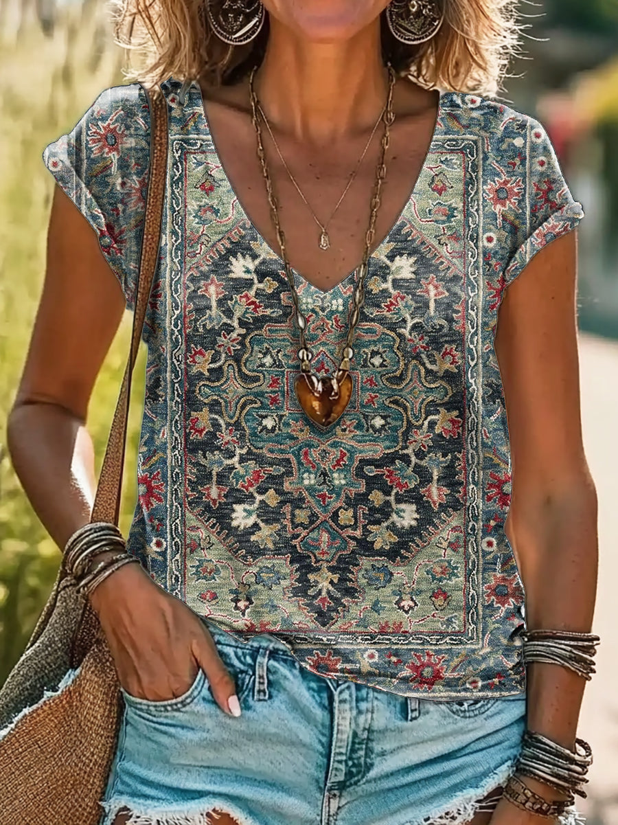 Women's Vintage Ethnic Pattern Art Print Cotton V Neck T-Shirt