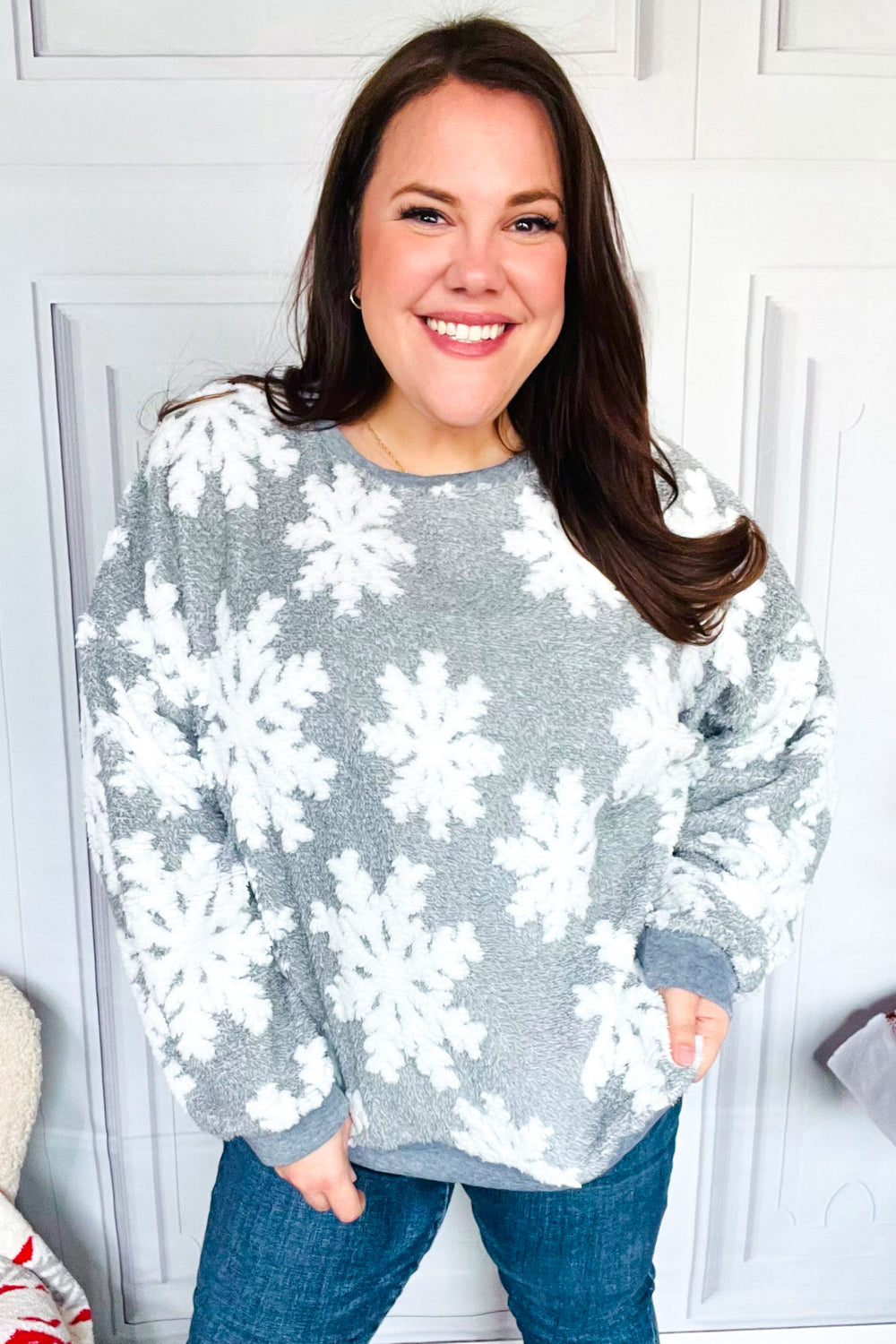 Maya® | Season Greetings Silver Puffy Snowflake Sherpa Sweater