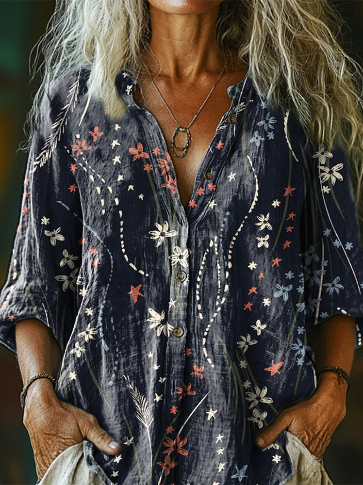 Women's Floral Art Patterns Print Linen And Cotton V-neck Casual Shirt