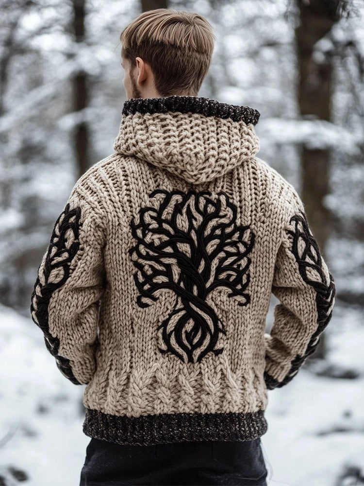 Men's Vintage Viking Style Jacquard Cozy Knit Hooded Cardigan artswardrobe