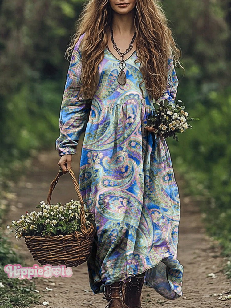 Women's Paisley Floral Art Print Pocket Cotton Dress