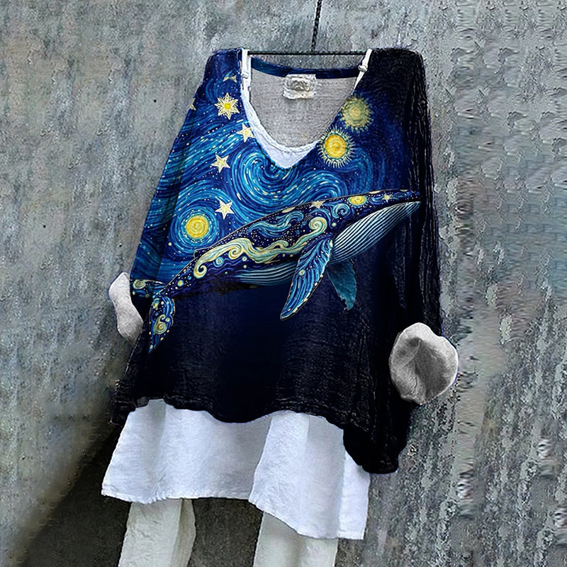 Vintage Fantasy Whale In Starry Night Dreamy Art Pattern Linen Blend Tunic artswardrobe