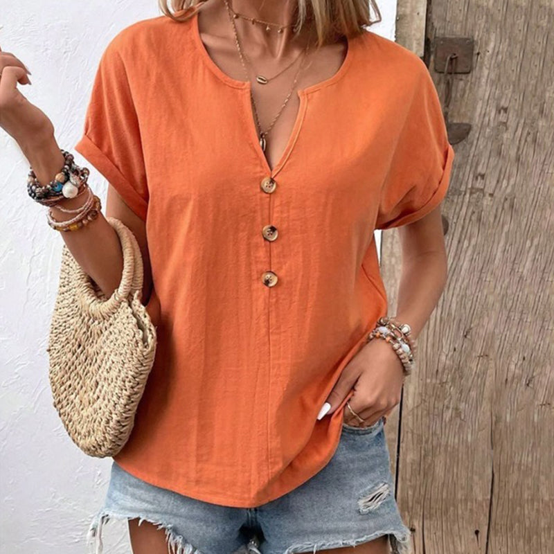 Women's Solid Color Button Linen V-neck T-shirt artswardrobe