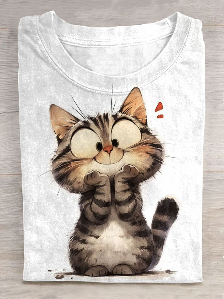 Cute Cat Art Print Casual Short Sleeve T-Shirt elevenforest