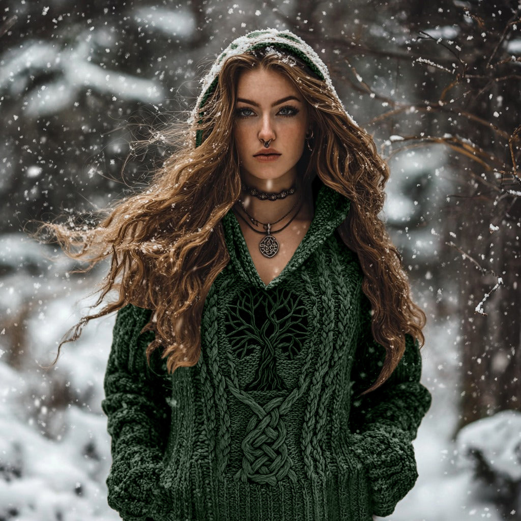 Women's Viking Tribal Runes Life Of Tree Chunky Knit Hooded Sweater artswardrobe