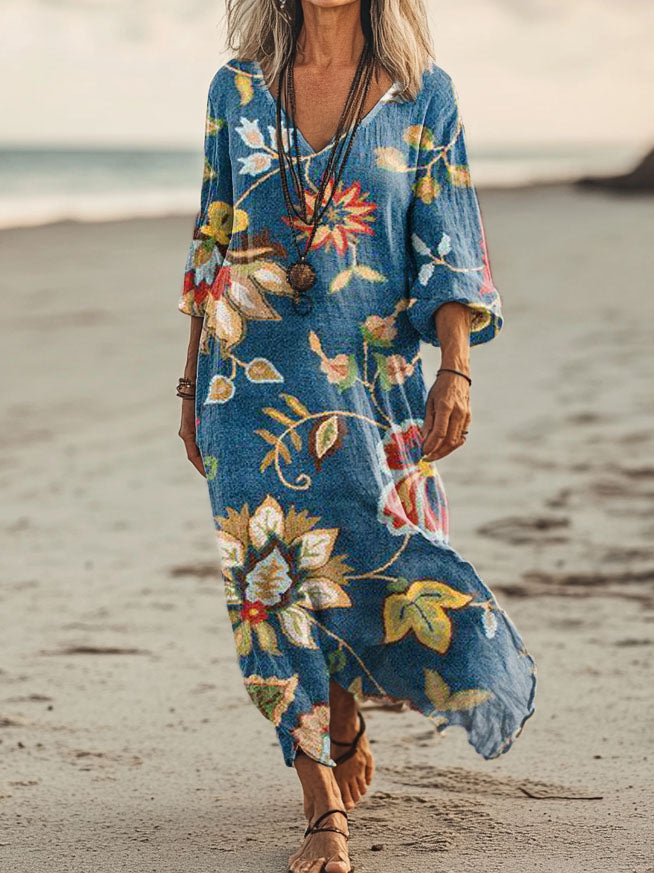 Women's Floral Art Print Pocket Cotton Dresses