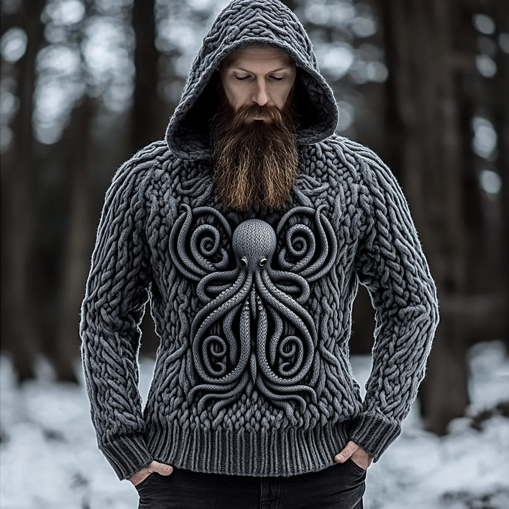 Men's Viking Tribal Cthulu Jacquard Celtic Inspired Chunky Knit Hooded Sweater artswardrobe