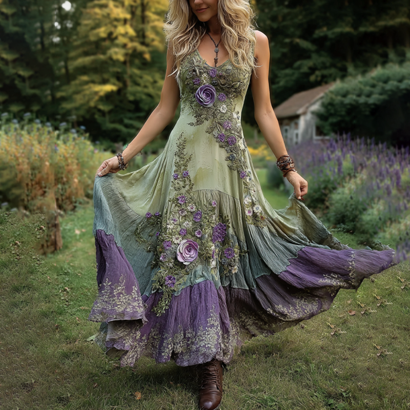 Classy Gradient Purple Lavender And Floral Embroidered Linen Maxi Dress artswardrobe