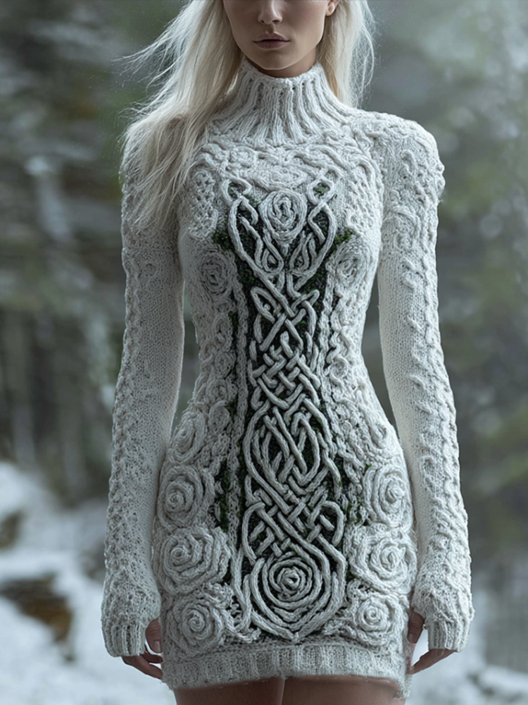 Viking Style Winter Women's Warm High Neck Knitted Sweater Dress artswardrobe
