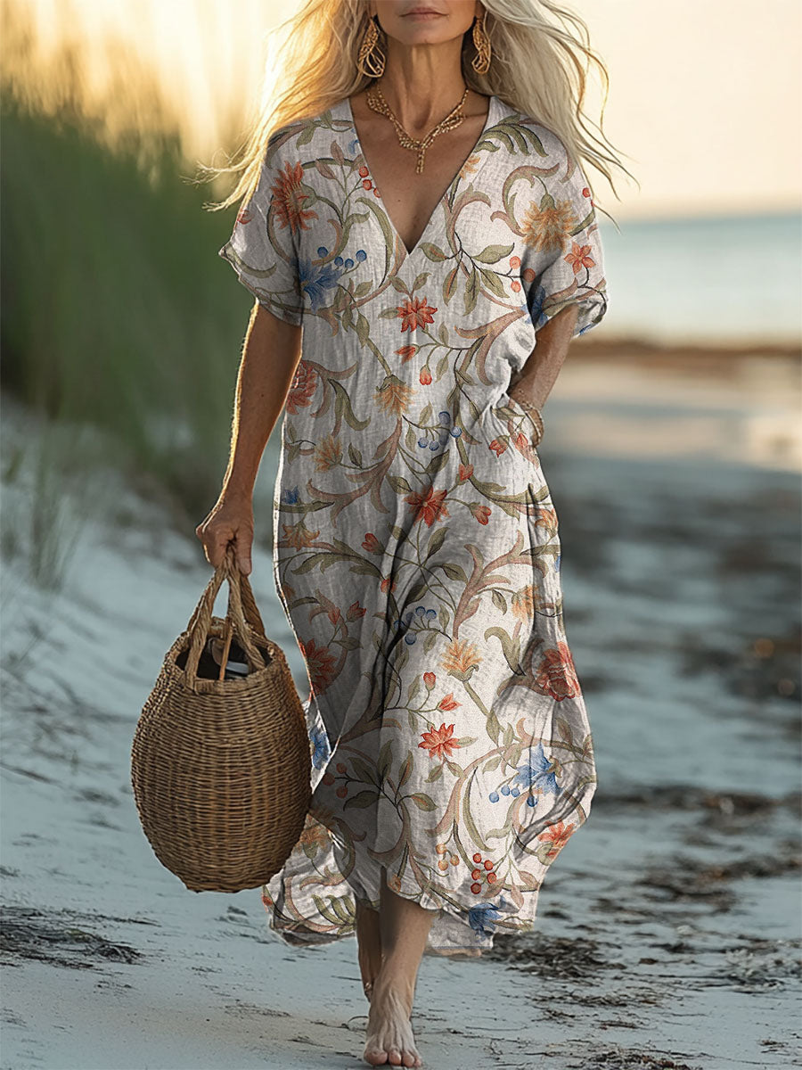 Women's Vintage Floral Art Print Short Sleeve Pocket Cotton Linen Dres