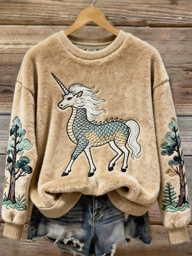 Comstylish Japanese-style Unicorn Embroidered Design Women's Flannel Sweater