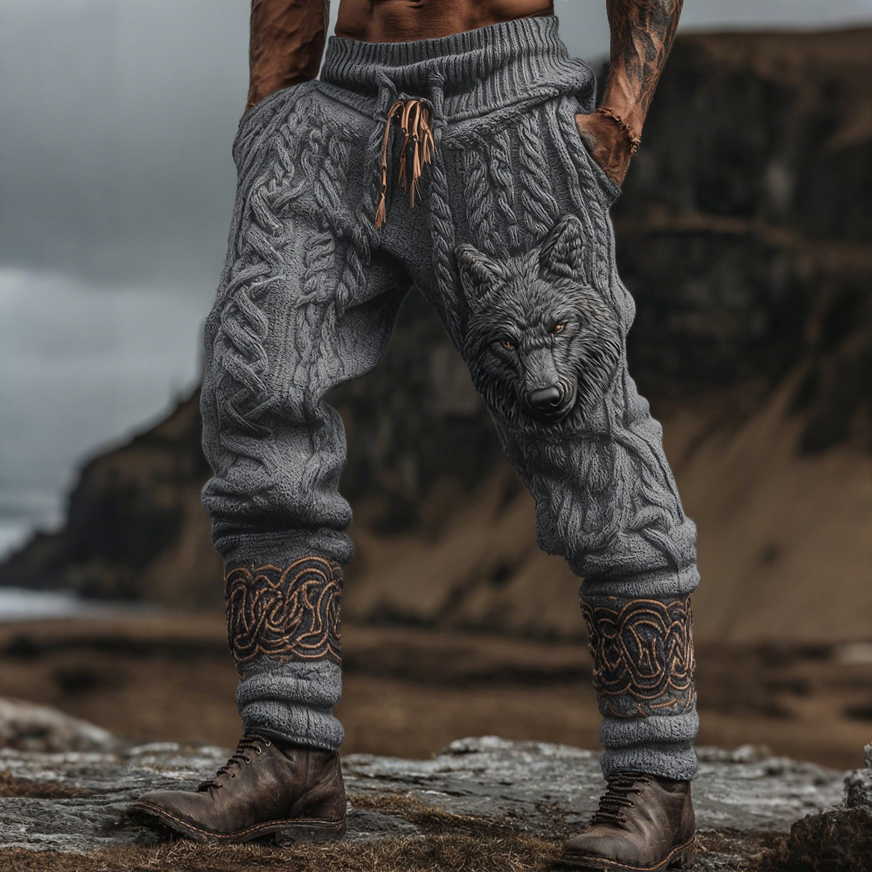 Men's Vintage Viking Wolf Celtic Knot Cozy Chunky Knit Sweatpants artswardrobe