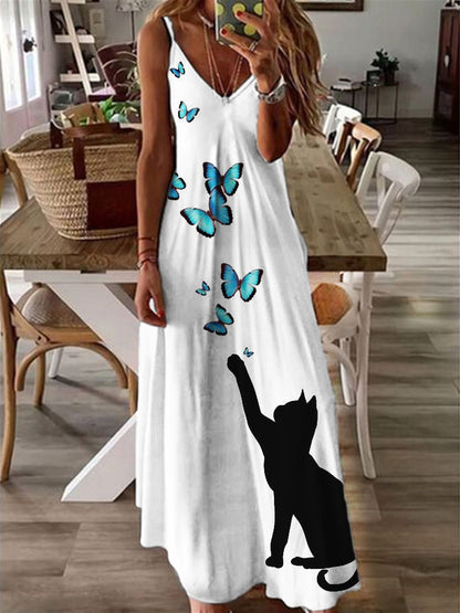 Cat & Butterflies Art Graphic Cami Maxi Dress elevenforest