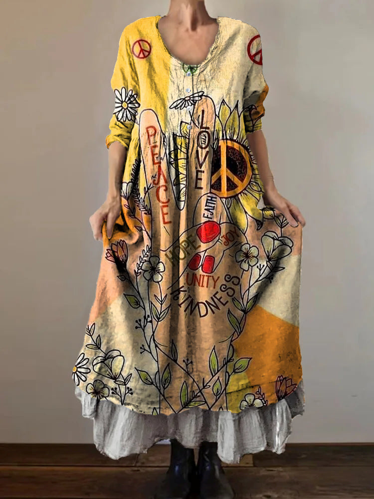 Women's Hippie Peace Love Art Print V-Neck Button Pocket Cotton Dress