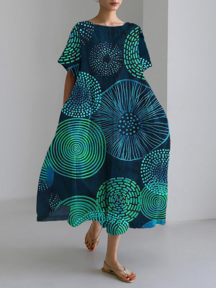 Comstylish Circle Abstract Art Women's Linen Short Sleeve Maxi Dress