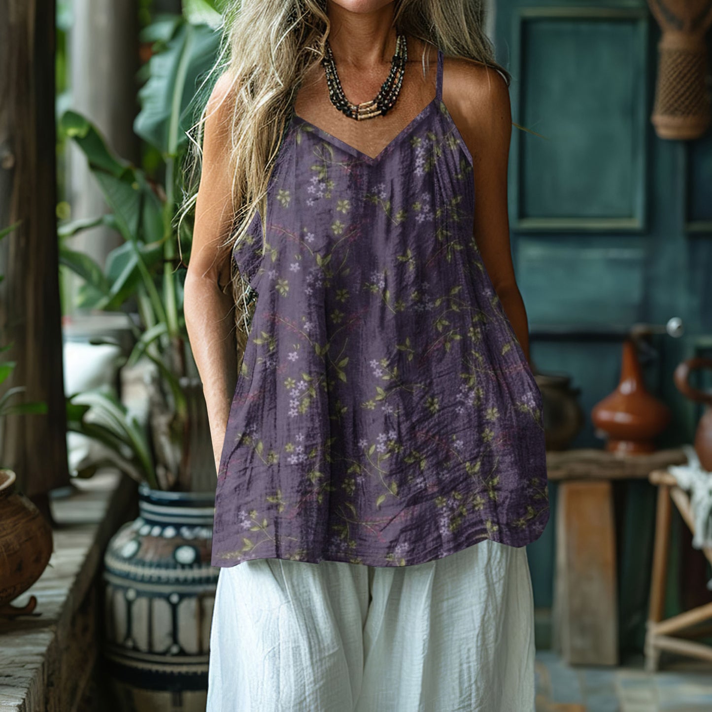 Women's Floral Art Linen And Cotton Camisole artswardrobe