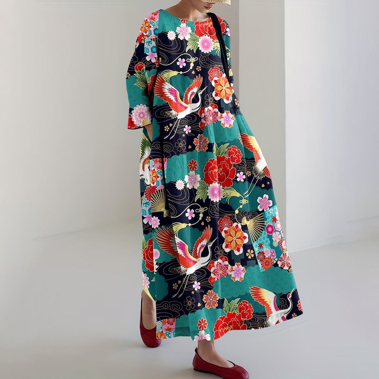 Comstylish Japanese Art Crane Print Casual Midi Dress
