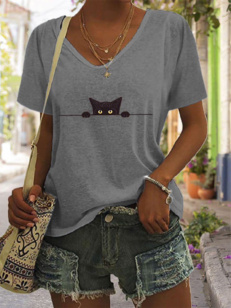Comstylish Women's Casual Black Cat Print T-shirt