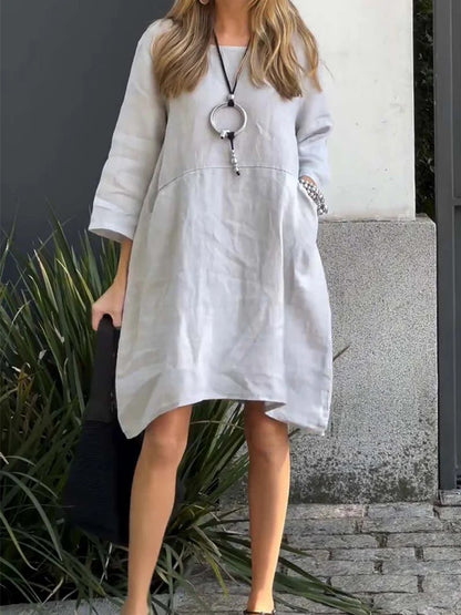 Comstylish Cute Solid Color Pockets Linen Blend Midi Dress