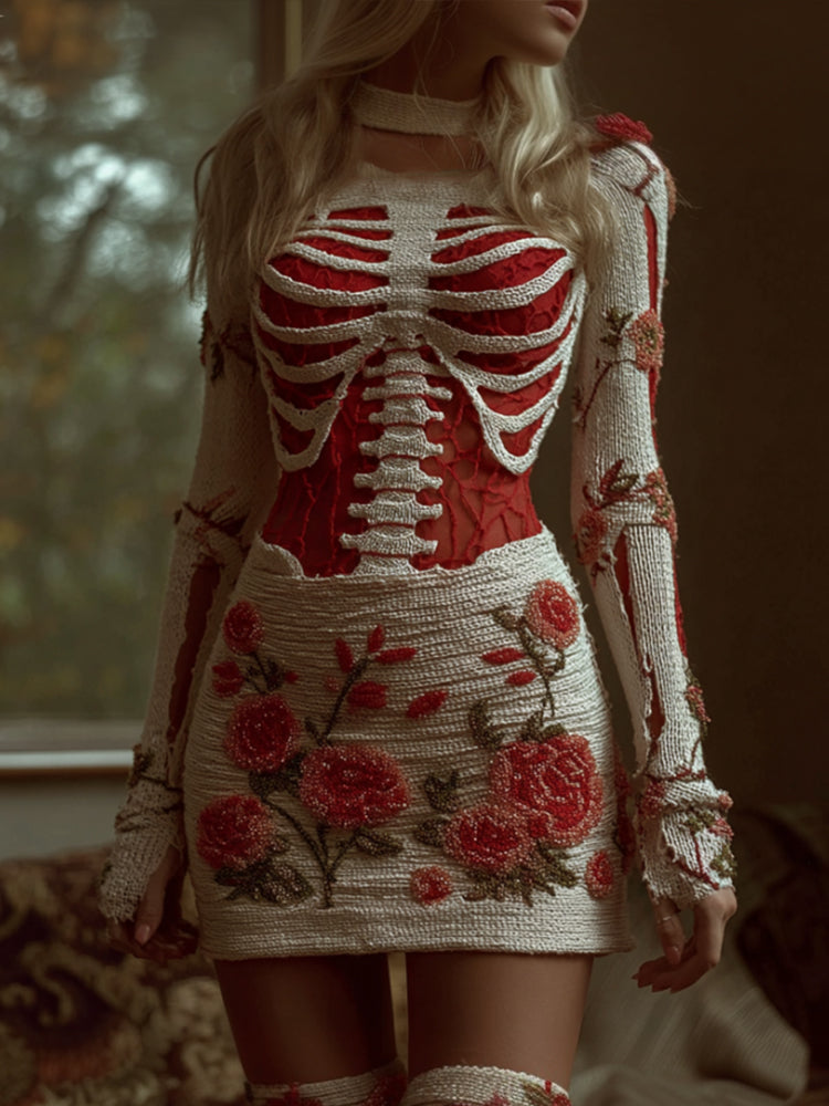 Women's Halloween Skeleton Rose Art Slimming Dress artswardrobe