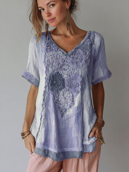 Women's Vintage Floral Color Block Linen Short Sleeve T-shirt artswardrobe