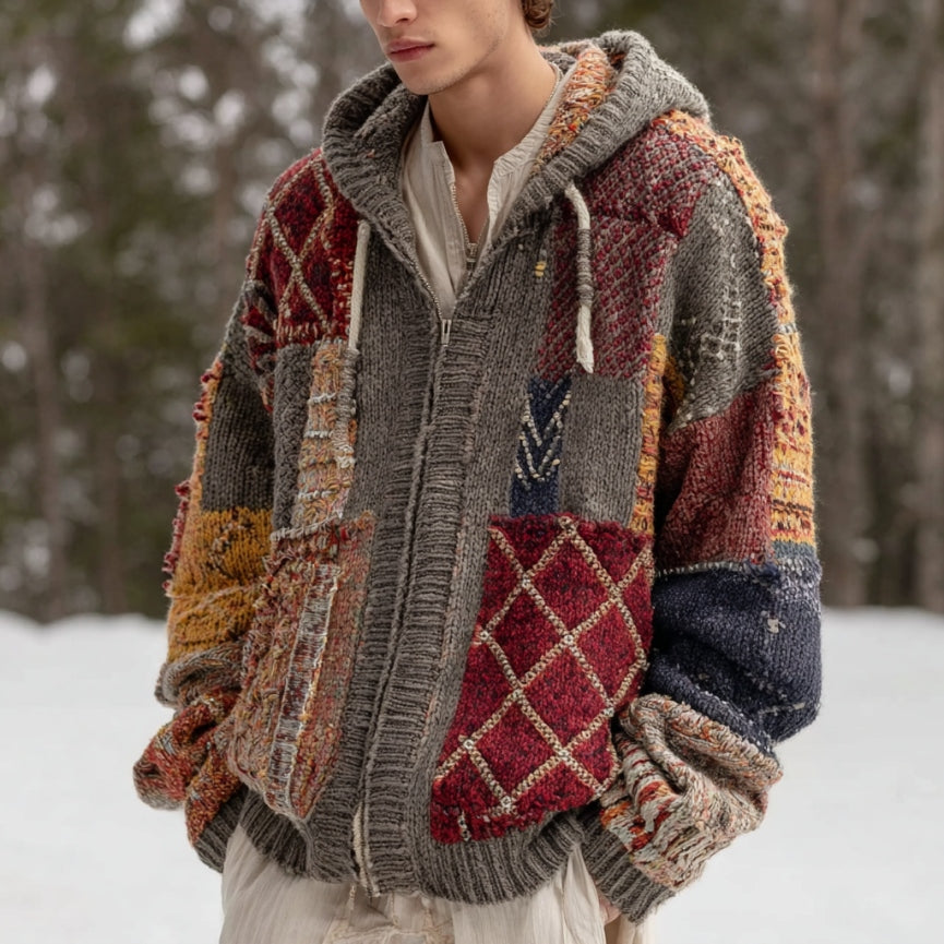 Men's Geometric Colorblock Knitted Warm Hooded Knit Sweater Jacket artswardrobe