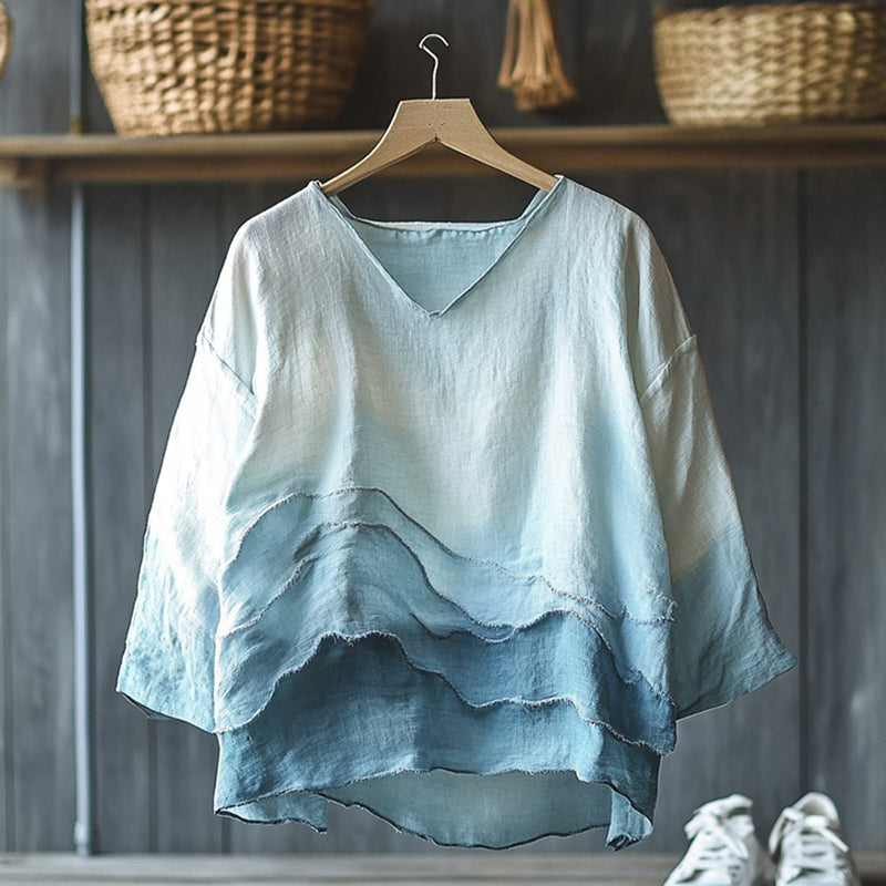 Comstylish Vintage Gradient Waves Inspired Embroidery Japanese Art Linen Blend Cozy Tunic