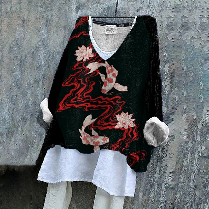 Comstylish Japanese Koi Art Cotton And Linen V-neck T-shirt