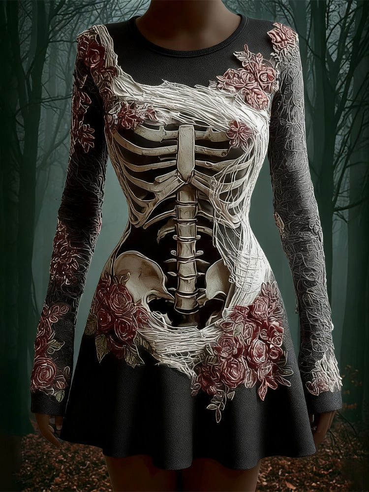 Comstylish Women's Halloween Skull Flowers Moss Witch Midi Dress