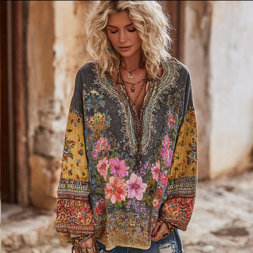 Comstylish Women's Vintage Ethnic Style Floral Patchwork Pattern V-neck Top
